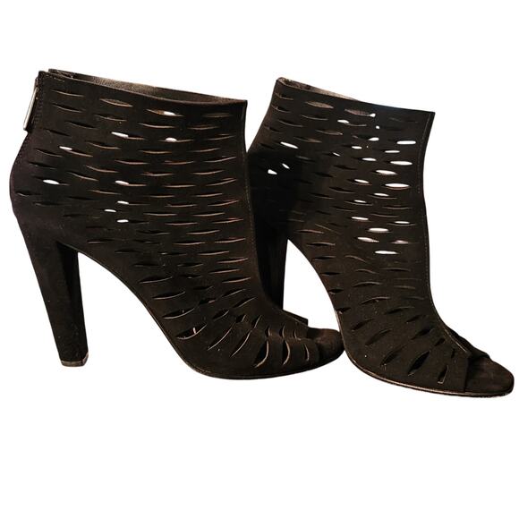 Diane Von Furstenberg Suede Leather Black Laser Cut Peep Toe Booties Size 8 - Picture 3 of 7